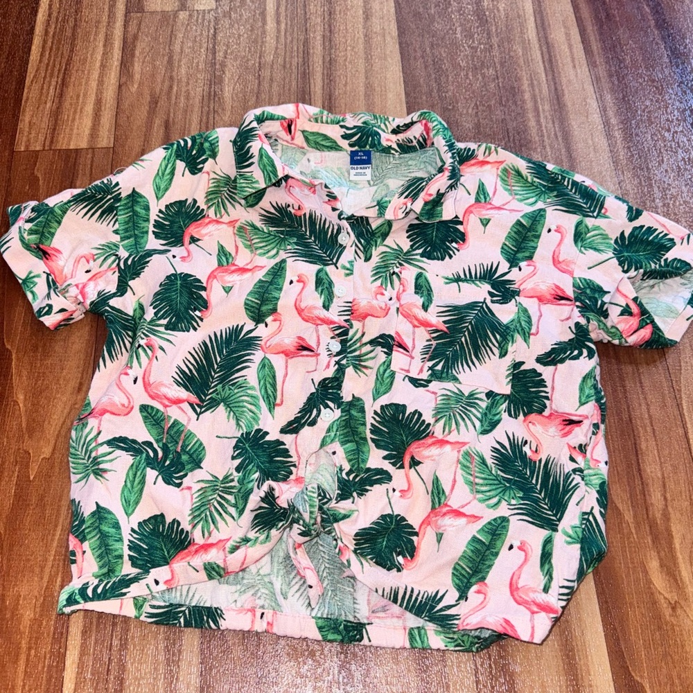Old Navy Pink and Green Flamingo Button Down Shirt